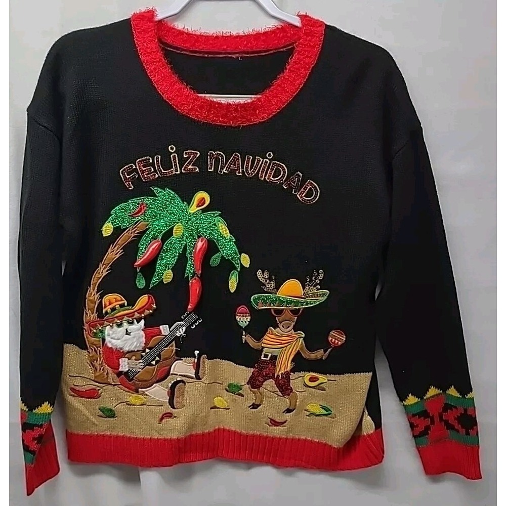 Ugly Christmas Sweater Feliz Navidad Black Womens Size M 8‎ -10 Holiday Time